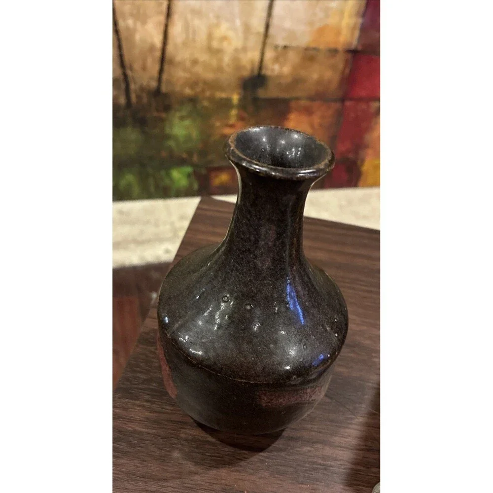 Vintage Signed Studio Pottery 1991 Tenmoku Stoneware Tokkuri Vase